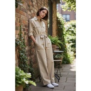 MAX STUDIO LONDON Khaki Utility Jumpsuit Wide Leg Belted‎ Button Front XL